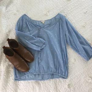 Blue J. Crew Peasant Top with White Dots